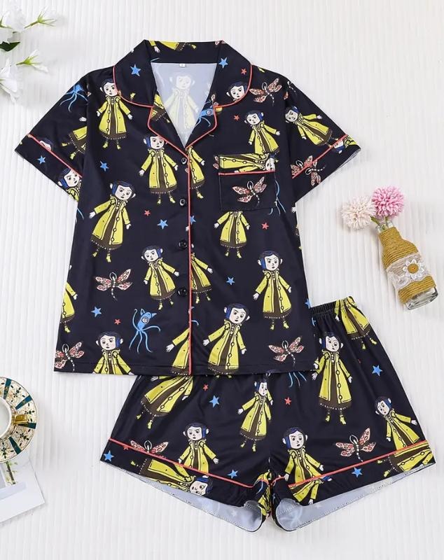 Coraline Halloween Pajamas Set, Coraline Fan Tee, Spooky Character Pajamas, Halloween Gifts Sleepwear For Women
