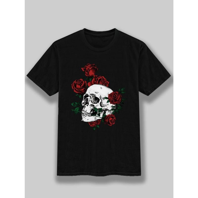 Cotton, Men's Creative Top, Casual Short Sleeve Crew Neck T-shirt, Men's Clothing For Summer Outdoor, funny, skull, rose Made in USA