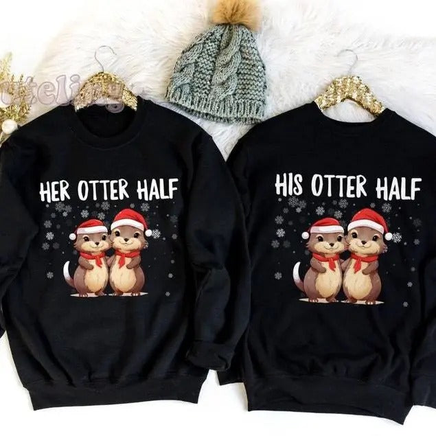 Couples Christmas Sweaters, Couple Christmas Pajamas Couple Sweatshirts Otter Puns Matching Christmas Shirts Funny Ugly Sweater Party Tees Cotton Crewneck