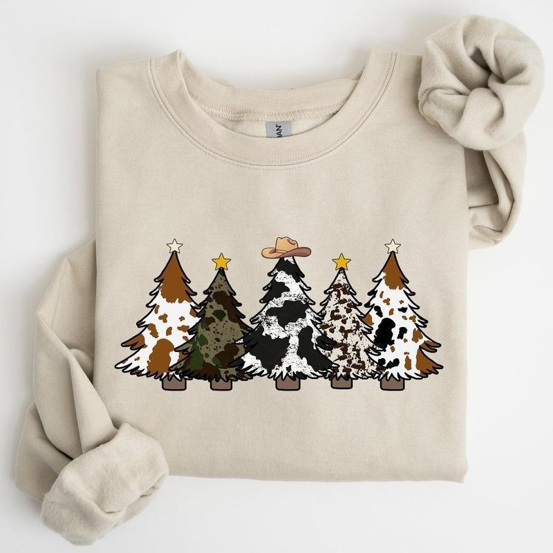 Cowboy Christmas Trees Howdy Cowgirl Hats Countryside Crewneck Sweatshirt, Winter Snow Santa Cowboy Shirt