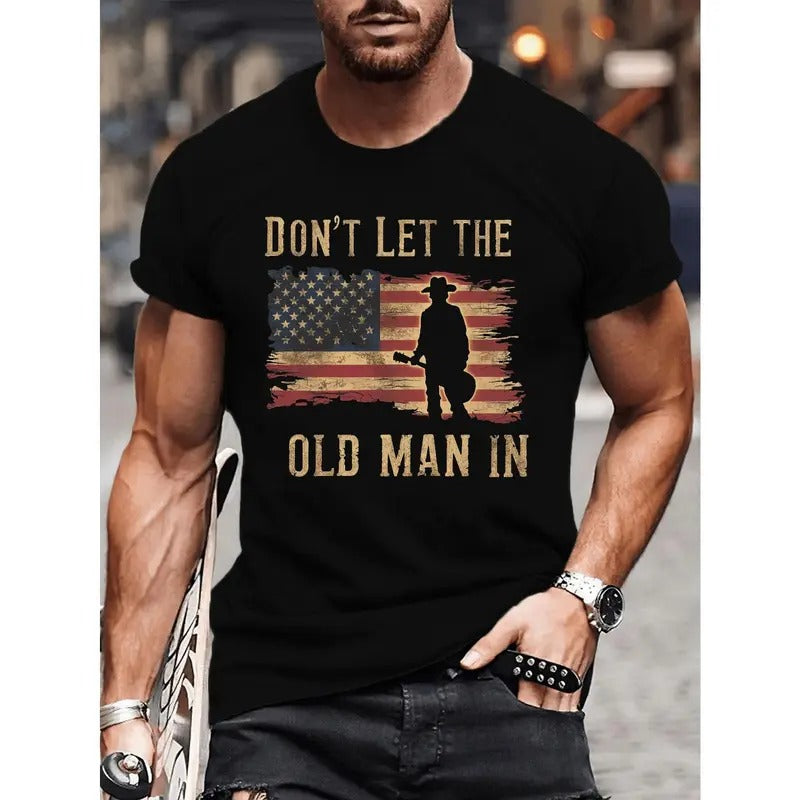 Cowboy With Guitar Silhouette DON'T LET THE OLD MAN IN Print Tee Shirt, Men's Casual Round Neck Short Sleeve T-shirt, Comfy Outdoor Top For Summer Made in USA