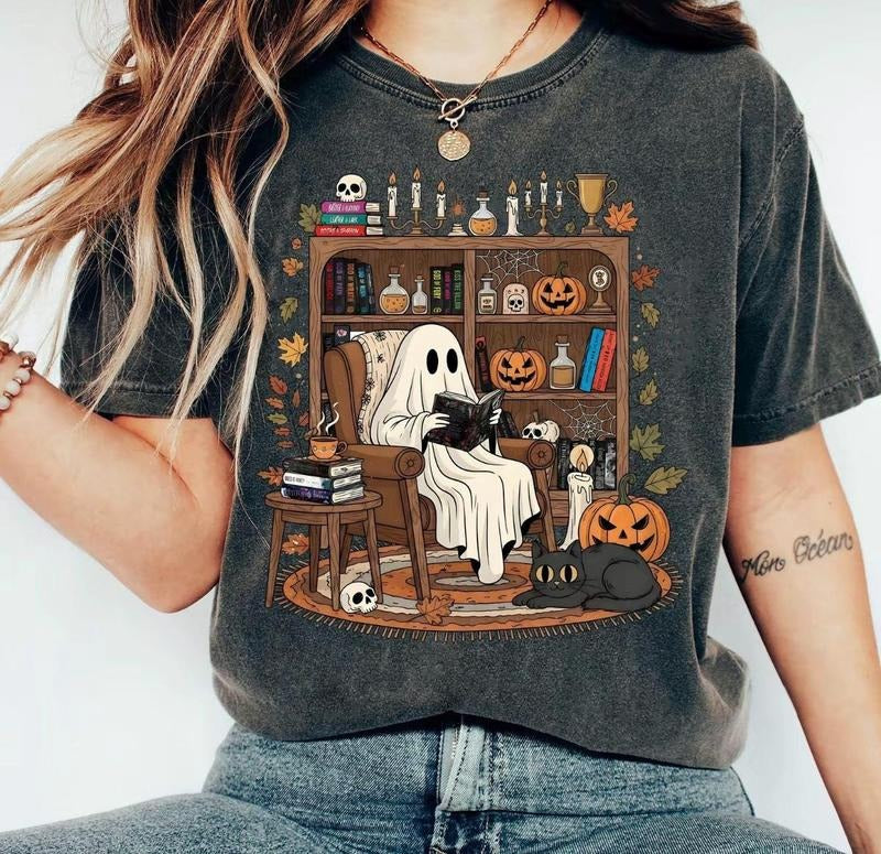 Cozy Ghost Reading Halloween T-Shirt, Haunting Adeline Sweatshirt, Fall Library Boo Ghost Hoodie, Cute Spooky Bookshelf Tee