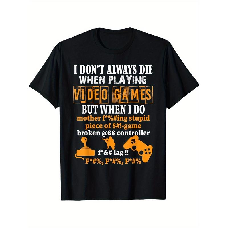 Crew Neck Letter And Game Console Print Men's Fashionable Summer Short Sleeve Sports T-shirt, Comfortable And Versatile made in usa