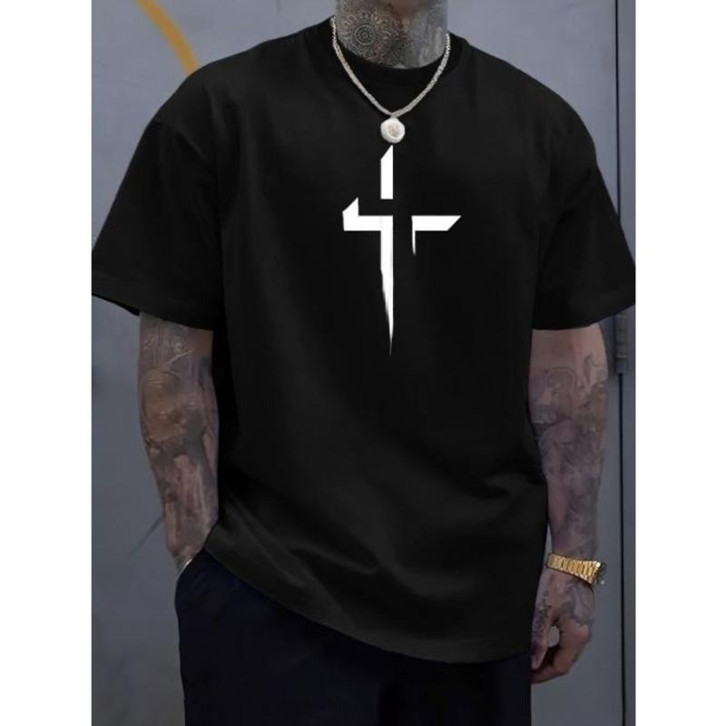 Cross Creative Print Men's Casual T-Shirt, Summer Fashion Crew Neck Short Sleeve Top, Modern Streetwear Style For Men Made In USA