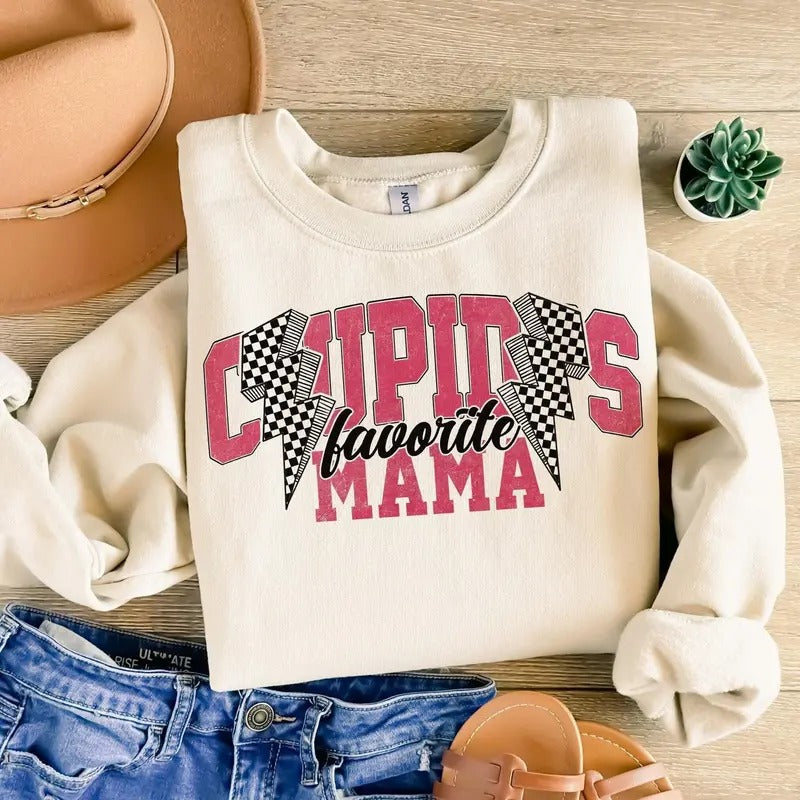 Cupid's favorite Mama Sweatshirt, Mom life Valentine Sweatshirt, Mama Coquette bow checkred Sweatshirt, Valentines Day Mama Sweatshirt Sweatshirt, Mom Gift