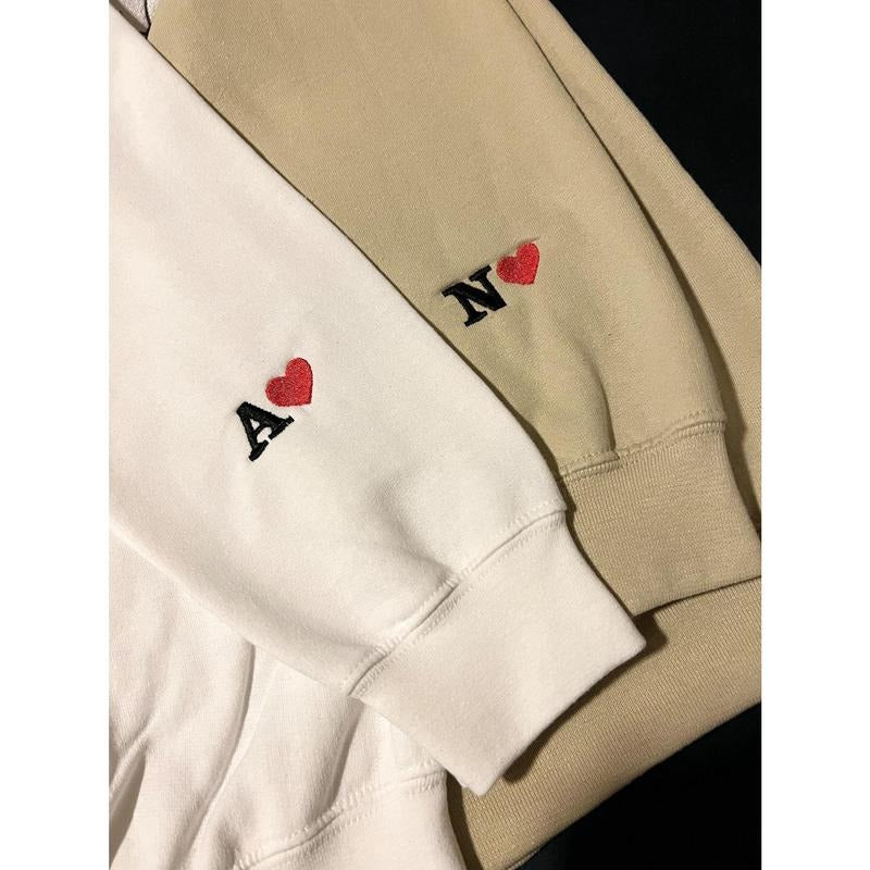 Custom Embroidered Initial Heart Sweatshirt, Personalized Couples Gifts, Valentines Couple Initials, Matching Sleeve Initial Sweatshirts style 02