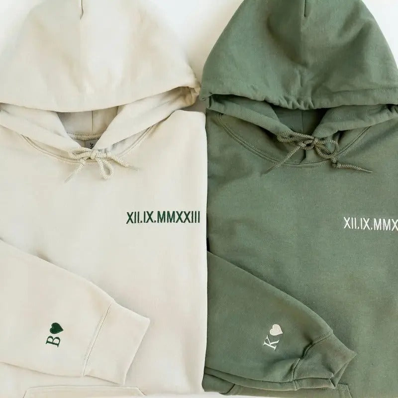 Custom Embroidered Roman Numeral Hoodie - Personalized Gift Date - Classic Cotton Fabric - Engagements & 1st Anniversary Gift - Medium Size - Menswear