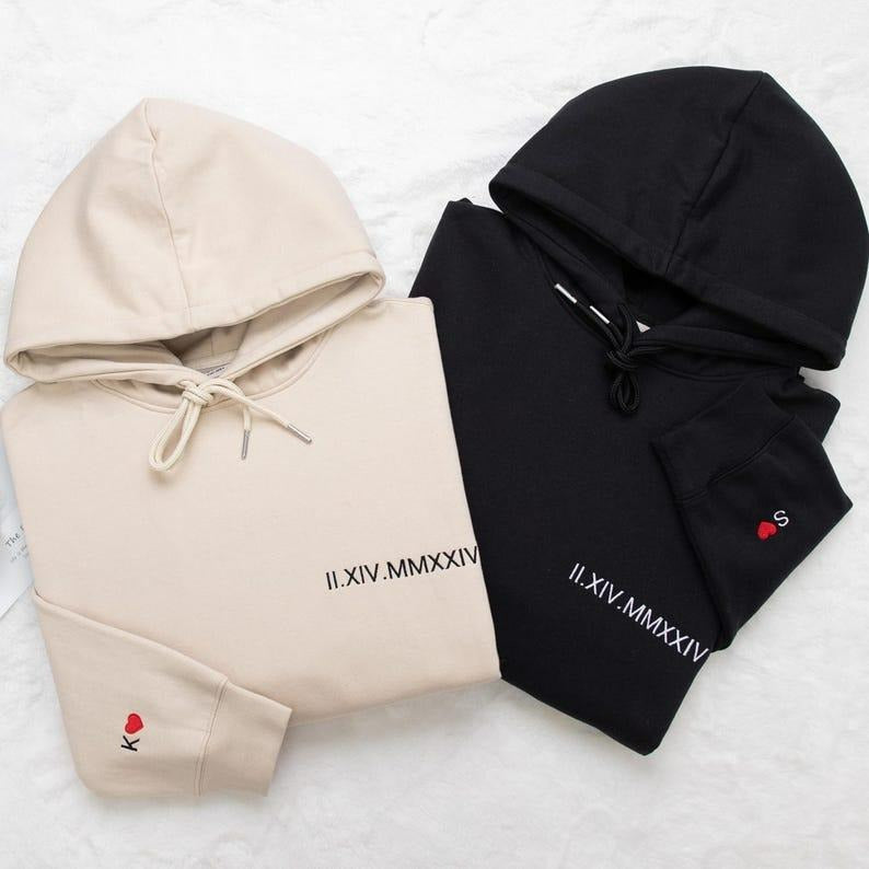 Custom Embroidered Roman Numeral Sweatshirt, Personalized Date Hoodie, Couples Gift, Initial on Sleeve Hoodie, Engagements,1st Anniversary gift