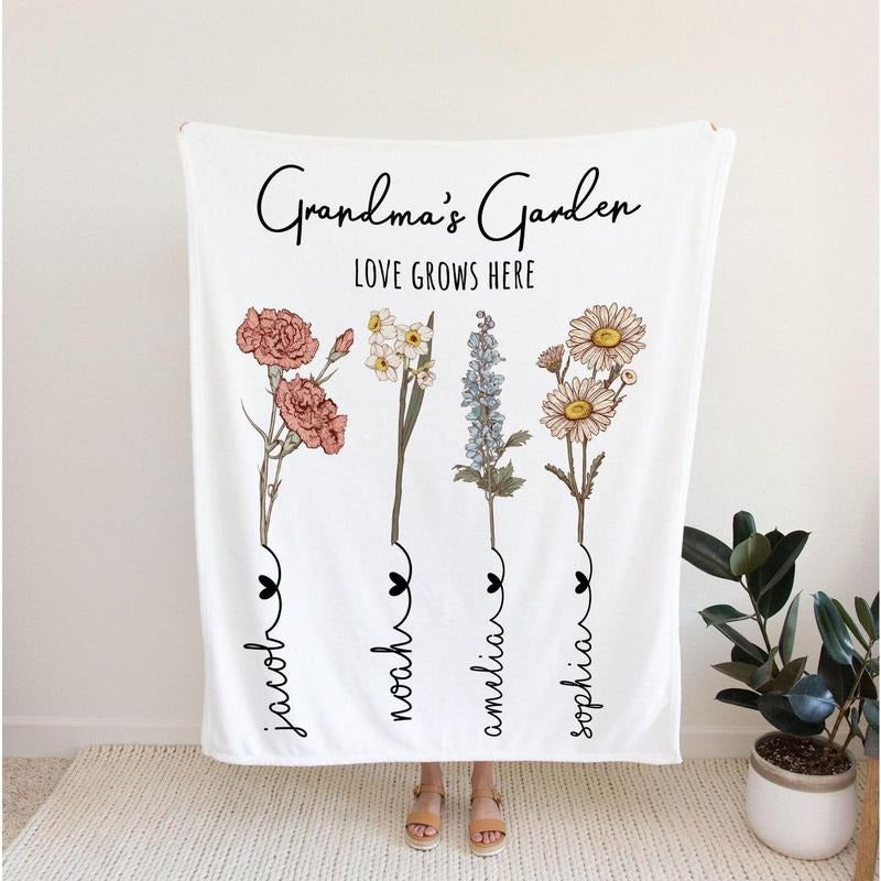 Custom Grandma Garden Blanket, Personalized Birth Flower Blanket With Grandkids Names, Granny Mother's Day, Christmas Gift, Special Keepsake