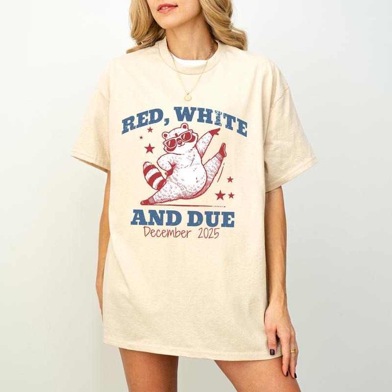 Custom Month Pregnancy Reveal Shirt 4th of July, Red White And Due, Funny Racoon Shirt, Expecting Moms To Be Shirt, 4th of July Pregnancy Shirt,