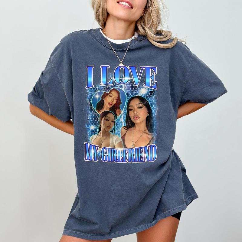 Custom Photo I Love My Girlfriend T-shirt for Boyfriend, Vintage Bootleg Rap Tee, I Love My Gf Shirt, Valentine's Day Gifts for Him, Classic Menswear