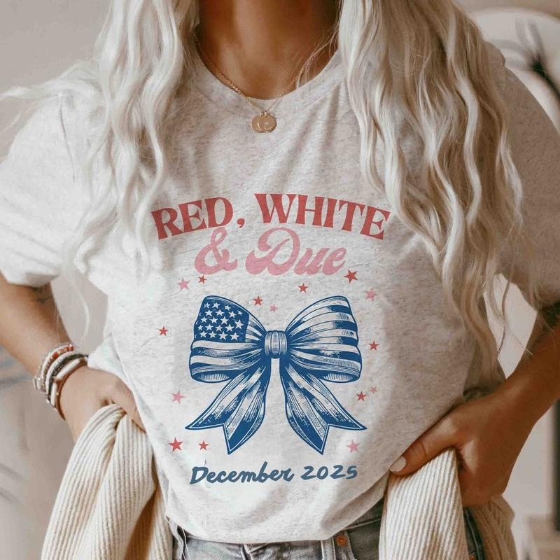 Custom Red White and Due 4th of July Pregnancy Announcement Shirts Matching Fourth of July Gender Reveal Tees