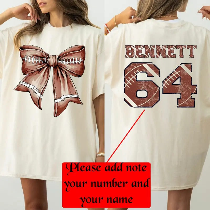 Customize Coquette Football T-shirt, Sweatshirt and Hoodie, Football Bow Disco Ball Shirt, Football Mom Tee Cotton Top Fit Womenswear Embroidered Flat