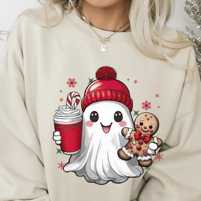 Cute Christmas Ghost with Gingerbread. Casual Everyday Softstyle Christmas Unisex Pullover Crewneck Sweatshirt.