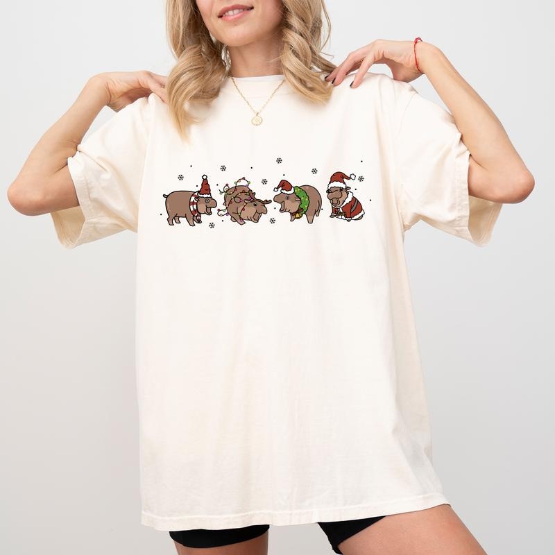 Cute Christmas Hippo Shirt Comfort Colors, Funny Baby Hippos Tees for Women, Christmas Pygmy Hippo Tshirt, 2024 Xmas Holiday Gift Ideas for Her, Comfy Cotton Womenswear, Casual Women's Tops