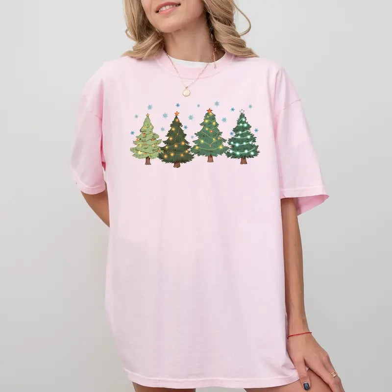 Cute Christmas Tree Shirt Comfort Colors, Sparkle Christmas Trees Tees for Women, Merry and Bright Tshirt, Green Trees T-shirt, Xmas Gift Ideas for Girls, Holiday Womenswear, Comfy Cotton Women's Tops