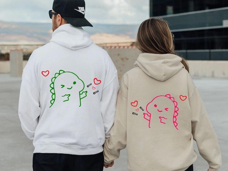 Cute Dinosaur Couple Hoodie, Couples Gifts Valentines Day, Cute Dinosaur Matching Hoodie, gift for couple, Gift For Lovers, trendy Hoodie and Sweater; T-shirt Cotton Womenswear Clothing Light