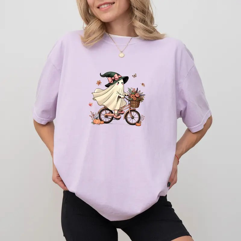 Cute Ghost Riding Bike Sweatshirt, Witchy Ghost Sweatshirt, Fall Bicycle Ghost Crewneck, Floral Bicycle Tops, Cute Halloween Unhinged Tees, Comfy Long Sleeve Pullover, Oversized Women's Tops, Fall Casual Womenswear, Comfort Cotton Fabric Relaxed Top