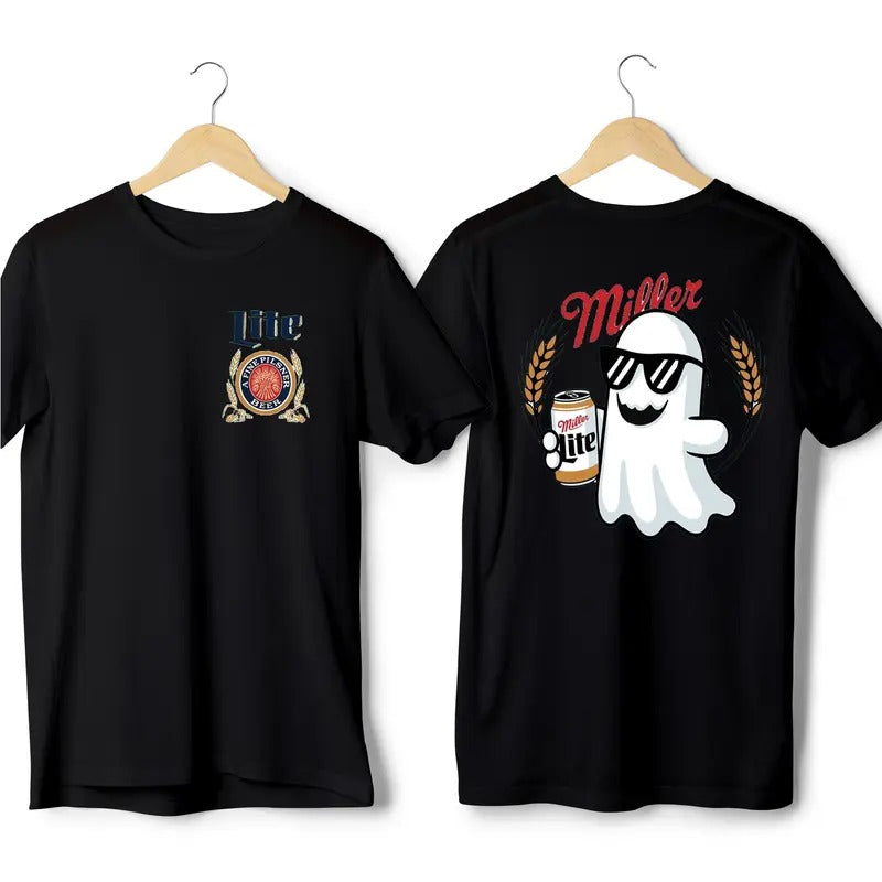 Cute Miller Lite Ghost Halloween 2 sides T-shirt, Trendy Halloween Miller Lite Shirt, Fall Season Miller Lite Boo Halloween 2 sides Unisex T-shirt for men and women Cotton Menswear