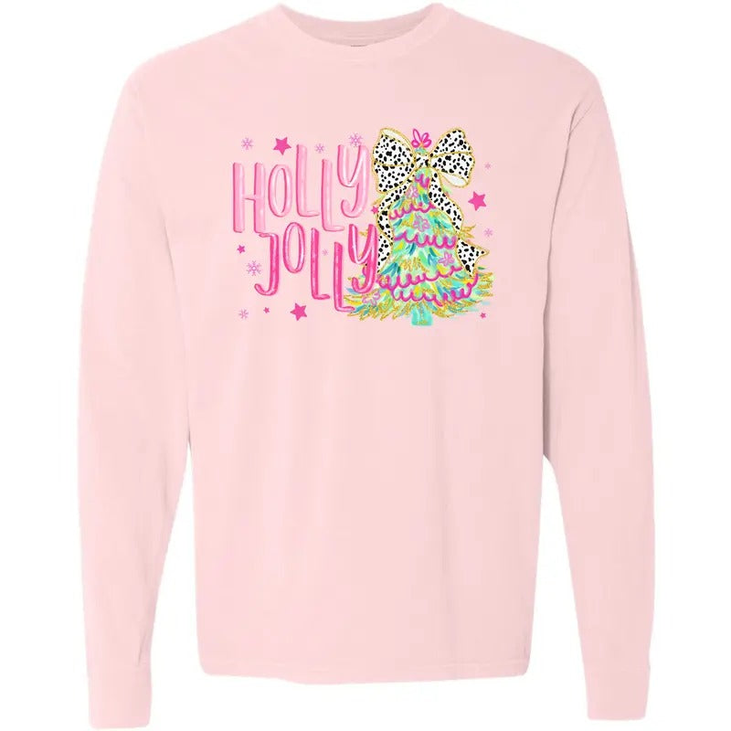 Cutesy Holly Jolly Tree Long Sleeve Comfort Colors T-Shirt 'NLB'
