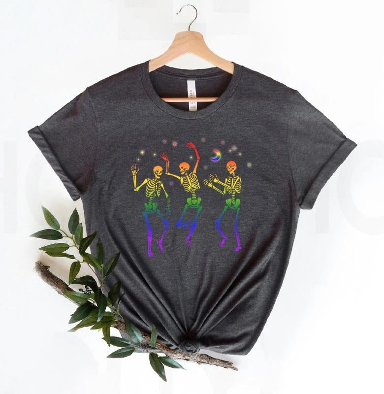 Dancing Skeleton Rainbow Shirt, skeleton sweatshirt, Dancing Skeletons, halloween shirt, LGBTQ Shirt, Trans Shirt, Pride Ally, Pride Month style 02