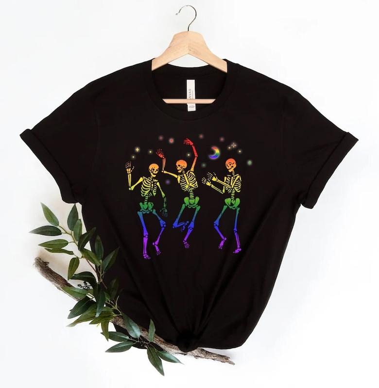 Dancing Skeleton Rainbow Shirt, skeleton sweatshirt, Dancing Skeletons, halloween shirt, LGBTQ Shirt, Trans Shirt, Pride Ally, Pride Month