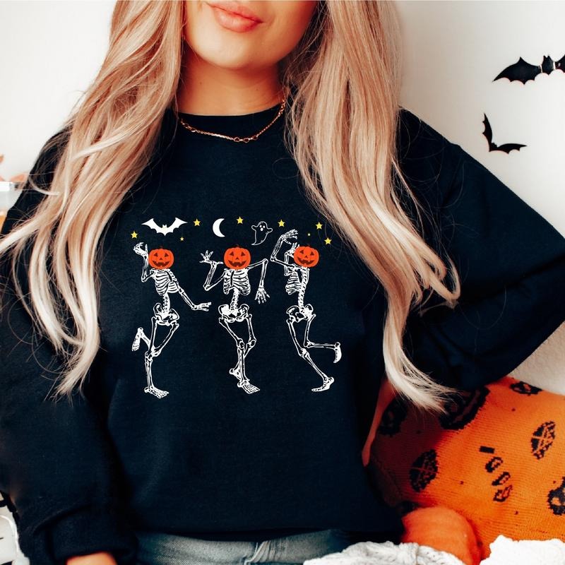 Dancing Skeleton Sweatshirt, Matching Pumpkin Halloween Party Hoodie, Fall Gift Sweatshirt For Woman, Spooky Season Long Sleeve.