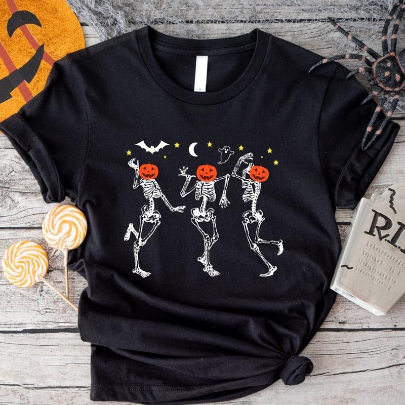 Dancing Skeleton T-Shirt, Matching Pumpkin Halloween Party Shirt, Fall Gift Tee For Woman, Spooky Season Tee