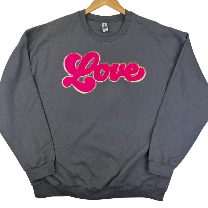 Dark Pink Chenille Love Patch Sweatshirt -- CHARCOAL