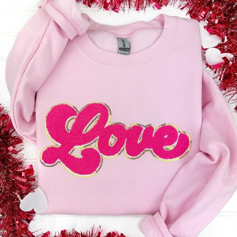 Dark Pink Chenille Love Patch Sweatshirt -- LIGHT PINK