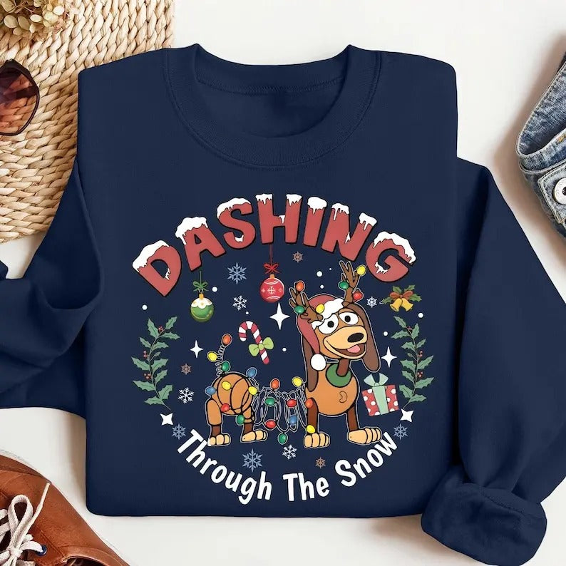 Dashing through The Snow Slink Dog Christmas Sweatshirt, Toy Story Merry Christmas Sweater, land Family Christmas Trip Tee
