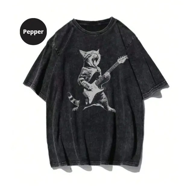 Dauomo Men's Summer Casual Drop Shoulder T-Shirt With Graphics, Vintage Funny Guitar Cat T-Shirt, Hoodie, Sweatshirt S-3XL, Streetwear & Underwear