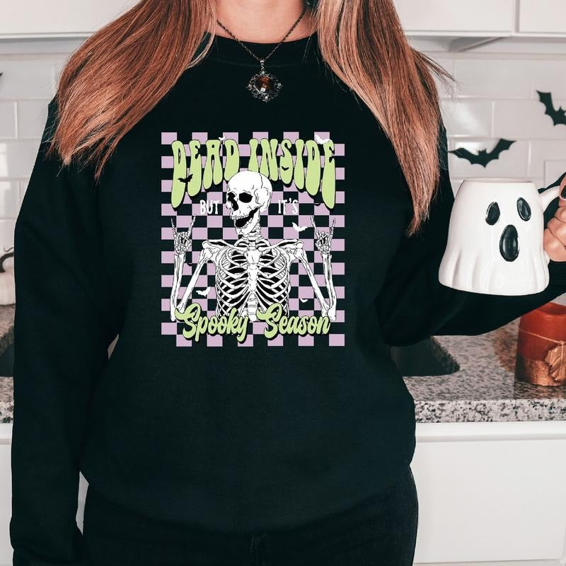 Dead Inside But It's Spooky Season Sweatshirt, Trendy Halloween Party Hoodie, Unisex Sarcastic Skeleton Gift Sweater, Retro Fall Long Sleeve.