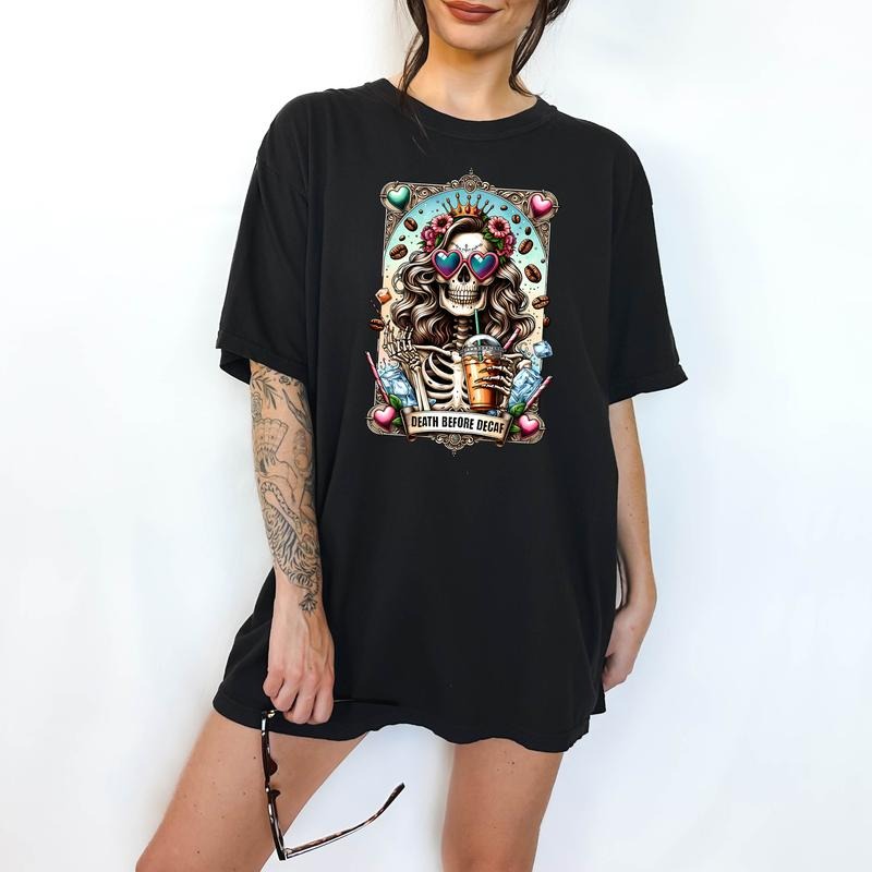 Death Before Decaf - T-Shirt, Unisex T-Shirt, Funny Graphic Tarot Tee, Comfortable Shirt, Dark Humor