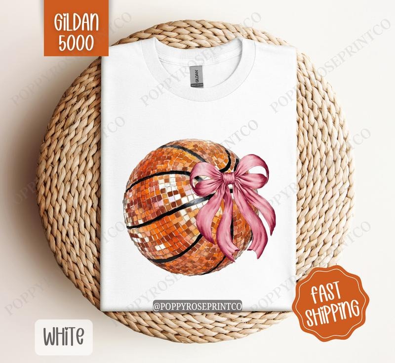 Disco Basketball Bow Gildan Tshirt, Game Day Basketball Tshirt, Womens Tshirt