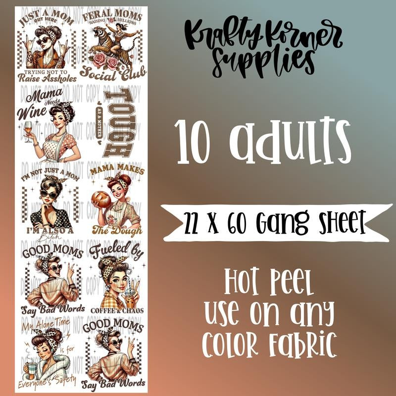 Distressed Vintage Moms DTF Transfer Gang Sheet, 22 x 60