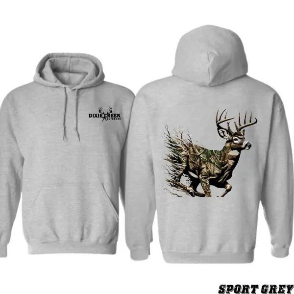 Dixie Creek Outdoors Deer T-shirt Sweatshirt Hoodie- Bold Running Deer in Camo Graphic, Cozy Unisex Hoodie for Rustic Adventure Style, 100% Cotton - Comfort Classic Menswear Collar Embroidered, Team BDK Hoodie