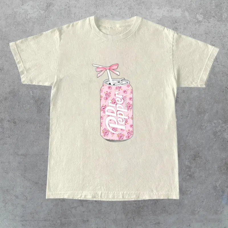 Dr Pepper Gift, Dr Pepper Bow Crewneck, Dr Pepper Pink Bow Shirt, Cute Baby Pink Bow Tee, Trendy Soda Can With Roses Menswear