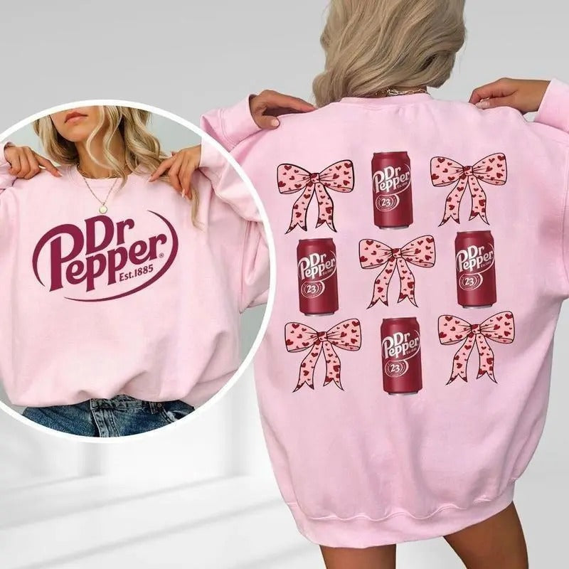 Dr Pepper Pink Coquette Bow Sweatshirt, Dr Pepper Shirt, Full Sizes, Full Color, Unisex Shirt for Men & Women, Cotton, Round Neck Tee, Womenswear