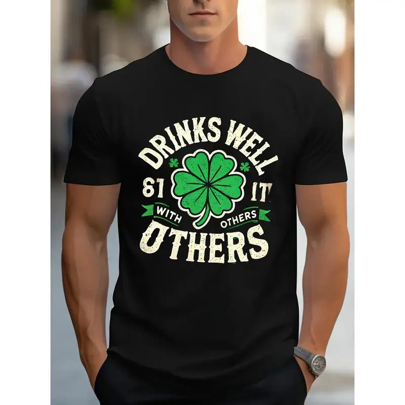 Drinks Well with Others" with Clover and Different Layout Print - Short Sleeve T - Shirt: Show A Unique St. Patrick'S Day Design, Casual and Stylish, Suitable for Those Who Love Themed Shirts, Casual Wear Made in USA