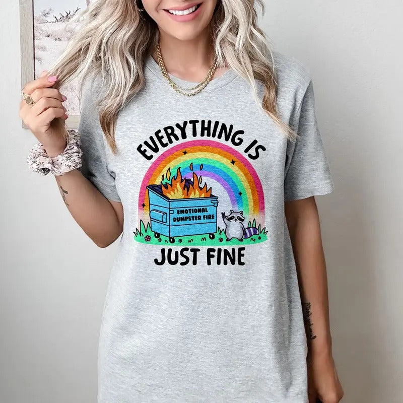 Dumpster Fire Raccoon - T-Shirt - Print is Sublimation, Unisex T-Shirt, Funny Tee,Gift Idea, Relaxed Fit, Casual Apparel, Great with Jeans, Womenswear Graphic