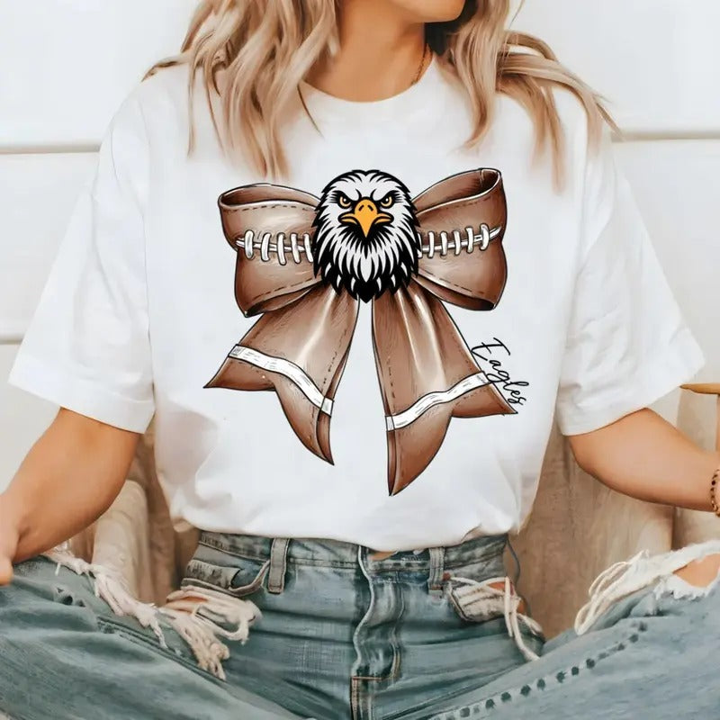 Eagles Football Bow Shirt, Eagles Shirt, School Spirit Eagles Shirt, Eagle Bow Shirt, Eagle Spirit Wear Shirt, Eagle Mascot Shirt, Unisex Short Sleeve Tee Shirt, Casual Clothing