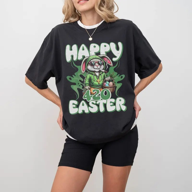 Easter Bunny Rabbit Cannabis 420 Day Shirt, Happy 420 Funny Smoking Easter Bunny Men Women's T-Shirt, Comforl Colors Shirt, Easter Day
