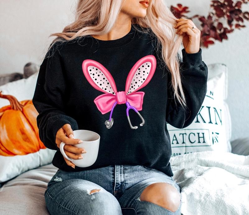 Easter Nurse Sweatshirt, Bunny Ears Nurse Stethoscope Tee, Nursing Student Easter Tee Cotton Fabric Jersey Womenswear