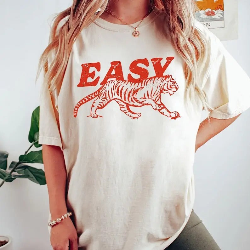 Easy Tiger Shirt, Retro Boho Tee, Unisex Trendy Shirt - Unisex Heavy Cotton Tee Casual Clothing