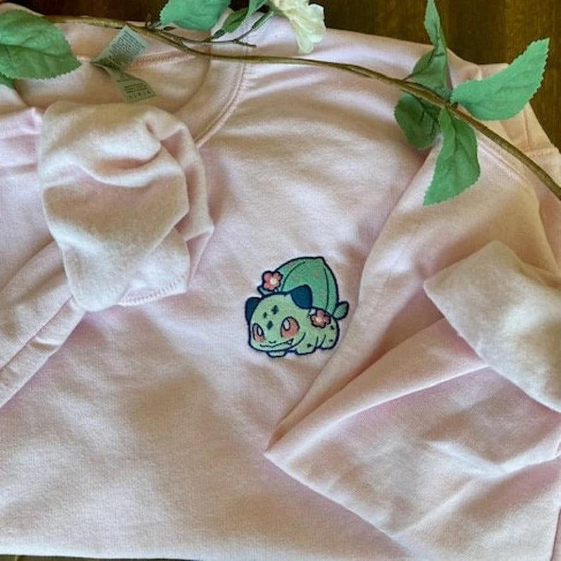 Embroidered Bulbasaur Sweatshirt, Embroidered Flower Sweatshirt, Embroidered Kawaii Sweatshirt, Anime Sweater