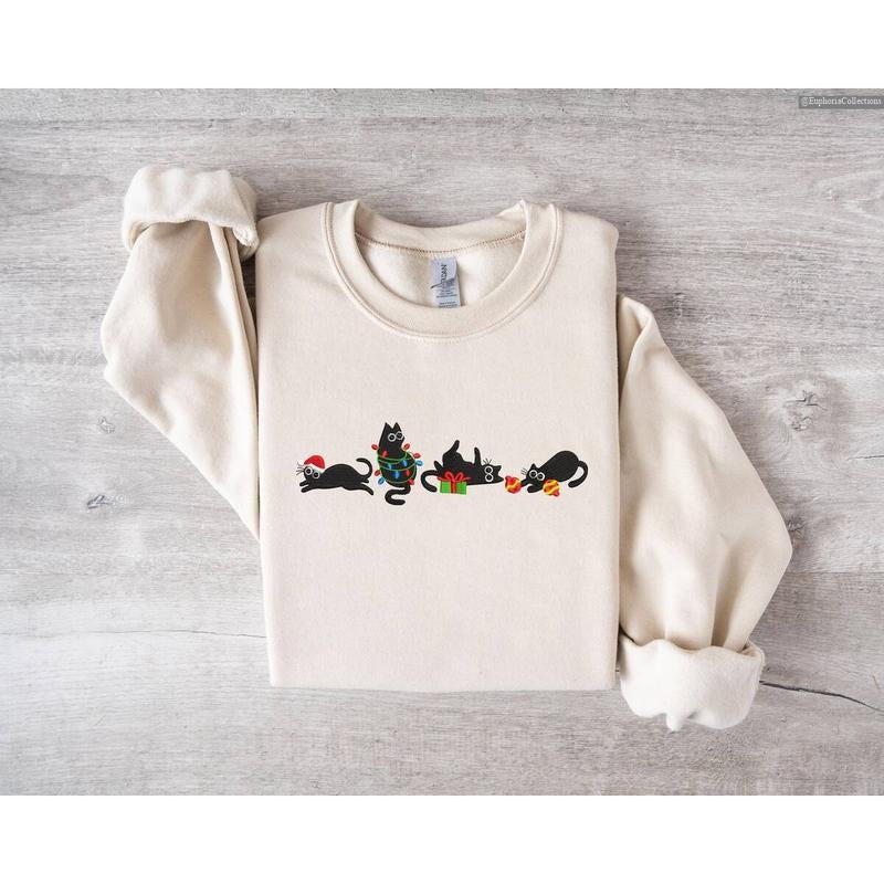 Embroidered Christmas Cute Cat Sweatshirt, Hoodie, Tee, Embroidery Funny Xmas Hoodie Christmas Cute Cat Lover Sweater , Global Trending Outfits