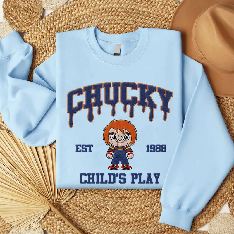 Embroidered Horror Chucky Halloween Sweatshirt, Horror Movie Embroidery Shirt