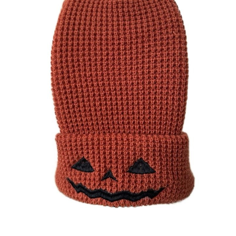 Embroidered Jack O' Lantern Beanie: Halloween Waffle Knit Hat, Halloween Embroidered Beanie Cotton 100% Acrylic Heather Grey Composition Adjustable Cuff 12" Knit