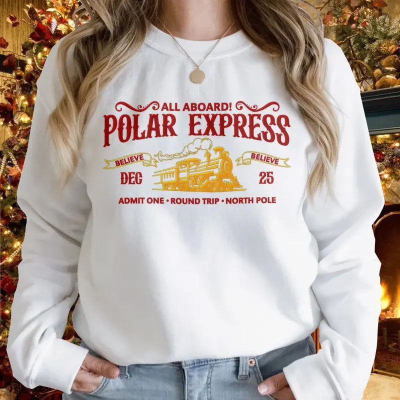 Embroidered Polar Express Sweatshirt, Xmas Crewneck Sweater, Family Christmas Tshirt